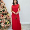 Vestido Longo de Linho Alça Grossa com Fenda Lateral Vermelho - Fernanda Ramos Store