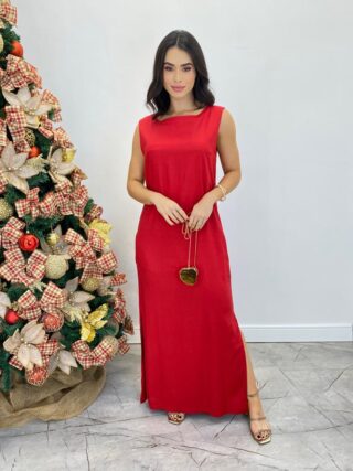 Vestido Longo de Linho Alça Grossa com Fenda Lateral Vermelho - Fernanda Ramos Store