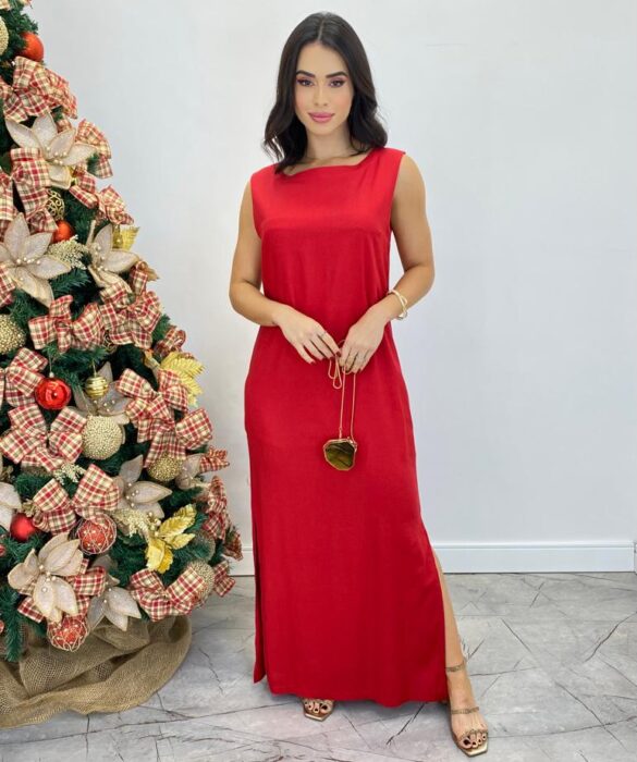 Vestido Longo de Linho Alça Grossa com Fenda Lateral Vermelho - Fernanda Ramos Store