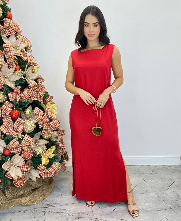 Vestido Longo de Linho Alça Grossa com Fenda Lateral Vermelho - Fernanda Ramos Store