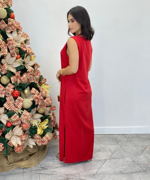 Vestido Longo de Linho Alça Grossa com Fenda Lateral Vermelho - Fernanda Ramos Store