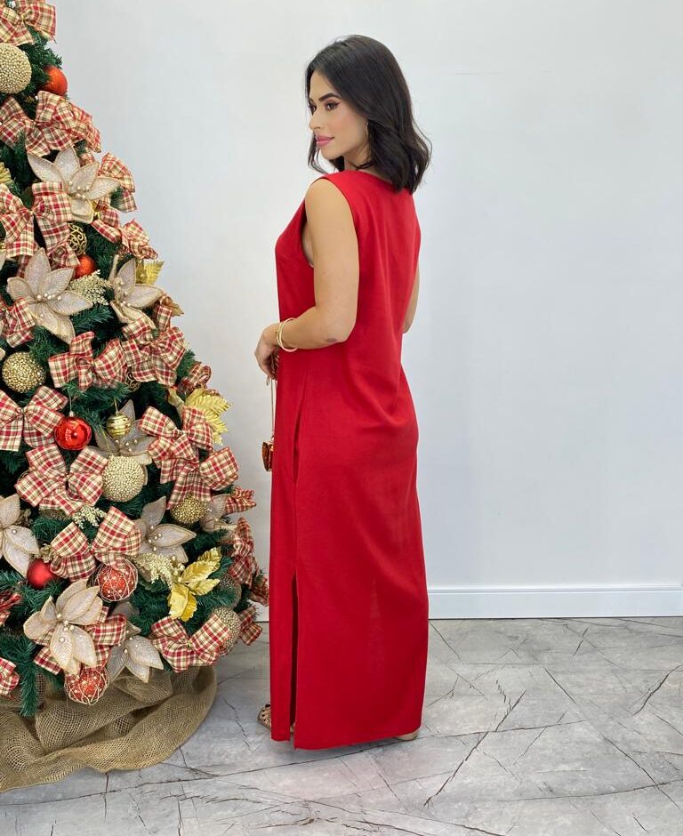 Vestido Longo de Linho Alça Grossa com Fenda Lateral Vermelho - Fernanda Ramos Store