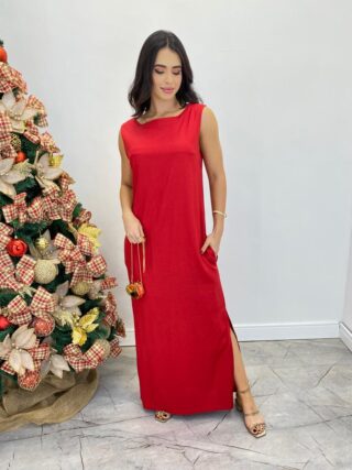 Vestido Longo de Linho Alça Grossa com Fenda Lateral Vermelho - Fernanda Ramos Store