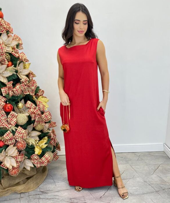 Vestido Longo de Linho Alça Grossa com Fenda Lateral Vermelho - Fernanda Ramos Store