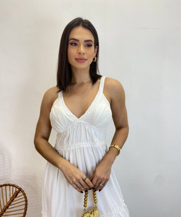 Vestido Longo Decote V com Bojo e Detalhe nas Alças Branco - Fernanda Ramos Store