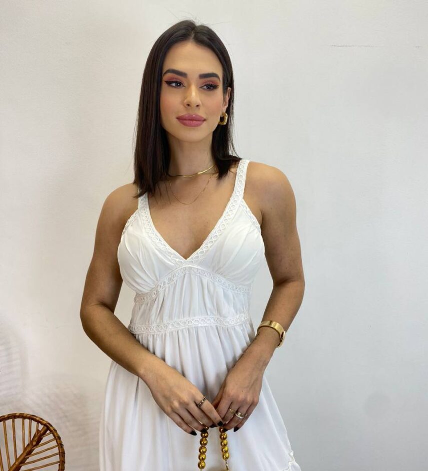 Vestido Longo Decote V com Bojo e Detalhe nas Alças Branco - Fernanda Ramos Store