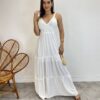 Vestido Longo Decote V com Bojo e Detalhe nas Alças Branco - Fernanda Ramos Store