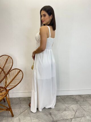 Vestido Longo Decote V com Bojo e Detalhe nas Alças Branco - Fernanda Ramos Store