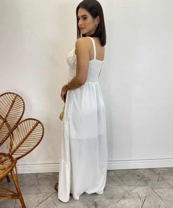 Vestido Longo Decote V com Bojo e Detalhe nas Alças Branco - Fernanda Ramos Store