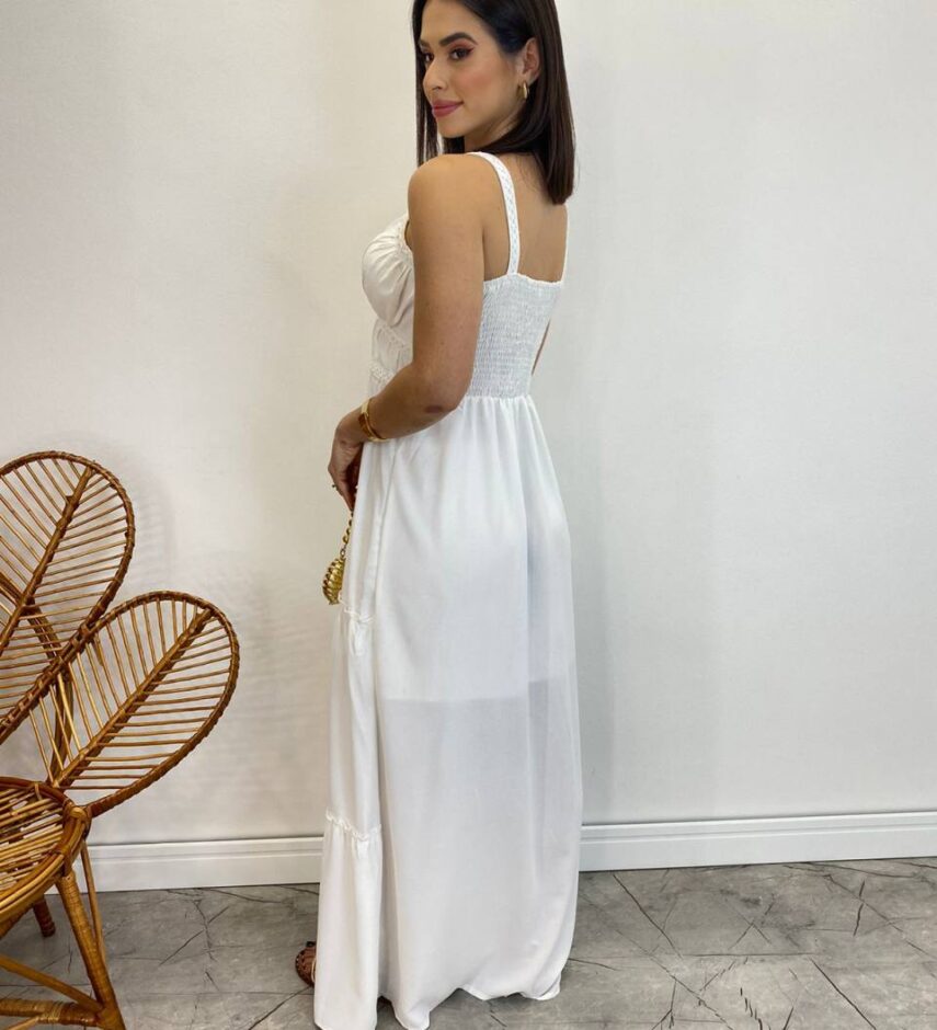 Vestido Longo Decote V com Bojo e Detalhe nas Alças Branco - Fernanda Ramos Store