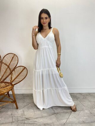 Vestido Longo Decote V com Bojo e Detalhe nas Alças Branco - Fernanda Ramos Store