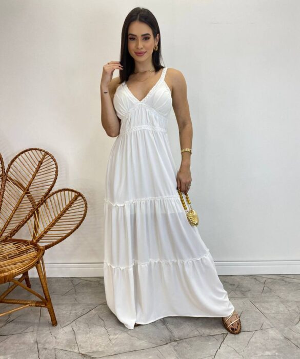 Vestido Longo Decote V com Bojo e Detalhe nas Alças Branco - Fernanda Ramos Store