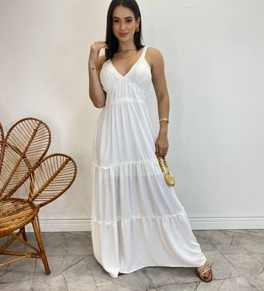 Vestido Longo Decote V com Bojo e Detalhe nas Alças Branco - Fernanda Ramos Store