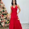 Vestido Longo Decote V com Bojo e Detalhe nas Alças Vermelho - Fernanda Ramos Store