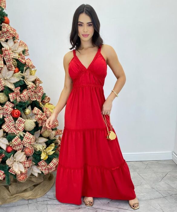 Vestido Longo Decote V com Bojo e Detalhe nas Alças Vermelho - Fernanda Ramos Store