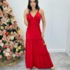 Vestido Longo Decote V com Bojo e Detalhe nas Alças Vermelho - Fernanda Ramos Store