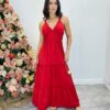 Vestido Longo Decote V com Bojo e Detalhe nas Alças Vermelho - Fernanda Ramos Store