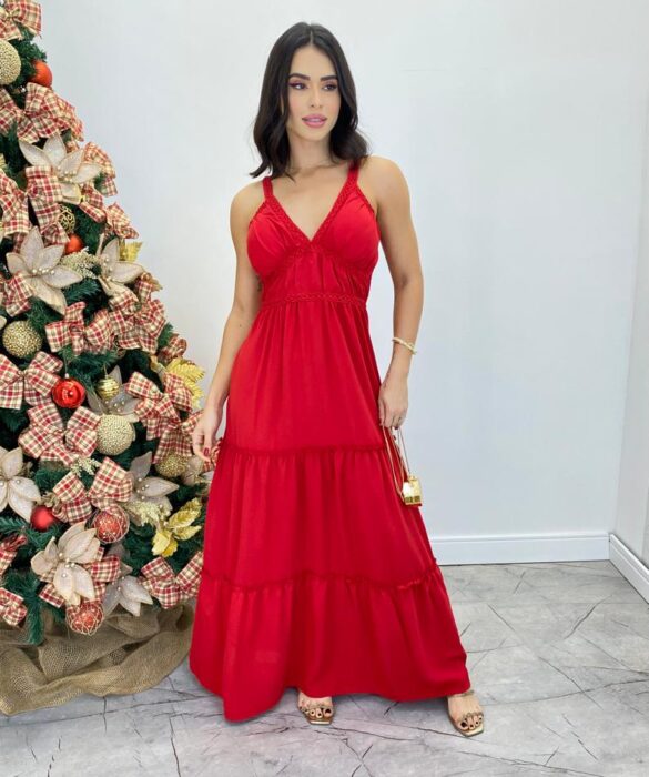 Vestido Longo Decote V com Bojo e Detalhe nas Alças Vermelho - Fernanda Ramos Store