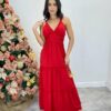 Vestido Longo Decote V com Bojo e Detalhe nas Alças Vermelho - Fernanda Ramos Store