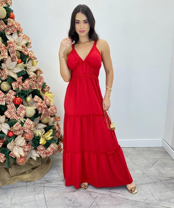 Vestido Longo Decote V com Bojo e Detalhe nas Alças Vermelho - Fernanda Ramos Store