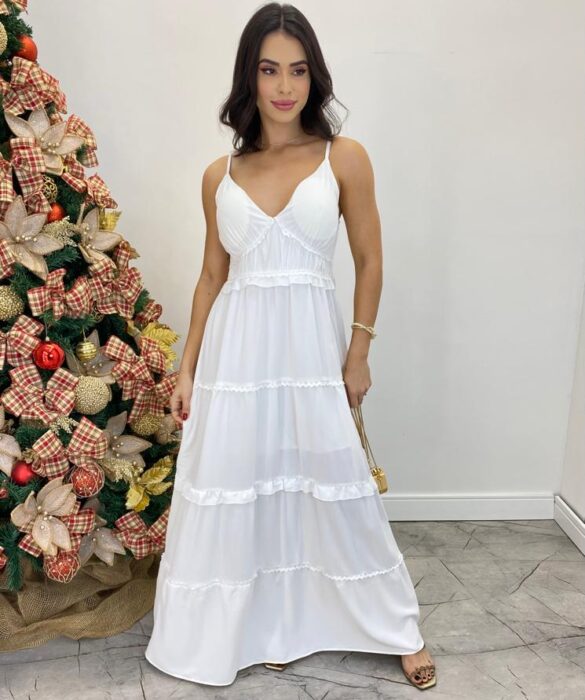 Vestido Longo Fernanda com Bojo e Amarração nas Alças Branco - Fernanda Ramos Store