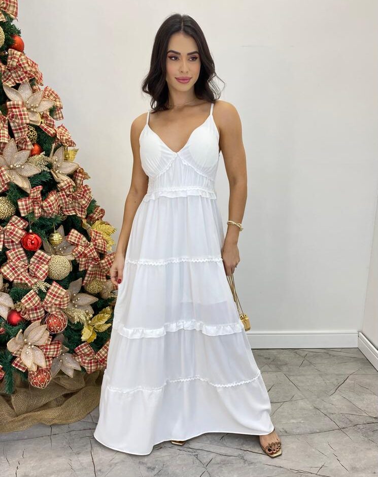 Vestido Longo Fernanda com Bojo e Amarração nas Alças Branco - Fernanda Ramos Store