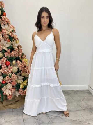 Vestido Longo Fernanda com Bojo e Amarração nas Alças Branco - Fernanda Ramos Store