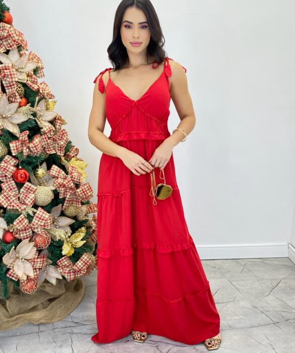 Vestido Longo Fernanda com Bojo e Amarração nas Alças Vermelho - Fernanda Ramos Store