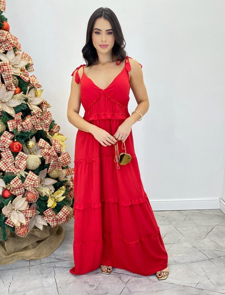 Vestido Longo Fernanda com Bojo e Amarração nas Alças Vermelho - Fernanda Ramos Store