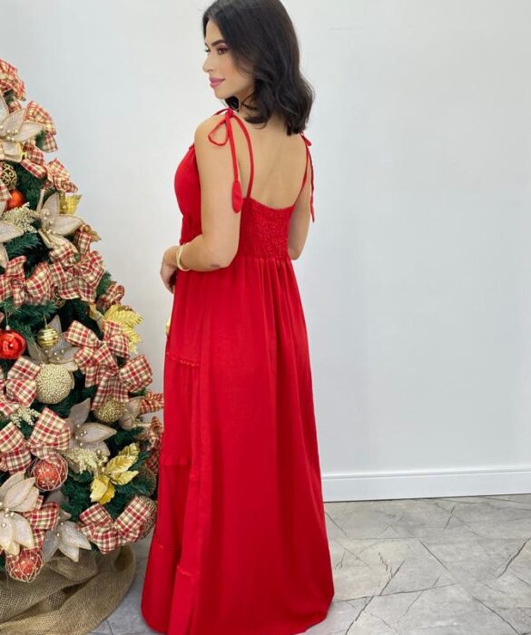 Vestido Longo Fernanda com Bojo e Amarração nas Alças Vermelho - Fernanda Ramos Store