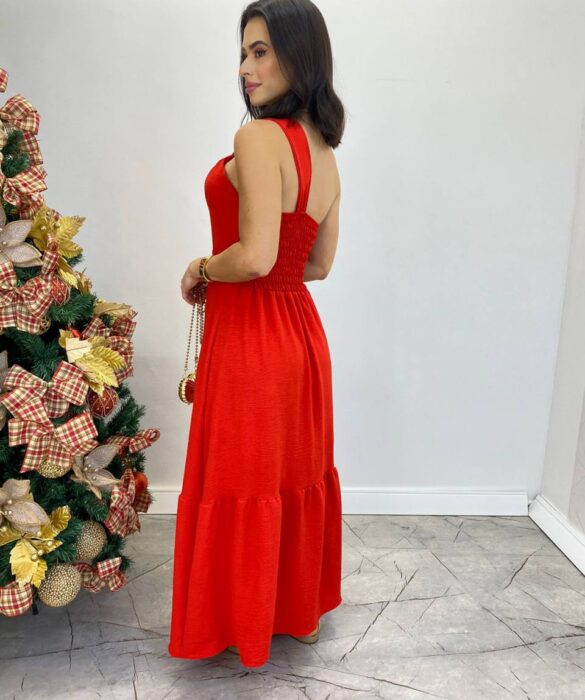 Vestido Longo Fernanda com Bojo Nula Manga Vermelho - Fernanda Ramos Store