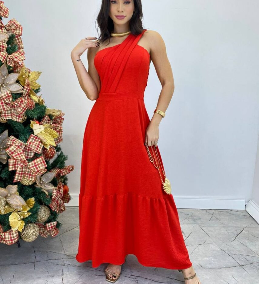 Vestido Longo Fernanda com Bojo Nula Manga Vermelho - Fernanda Ramos Store