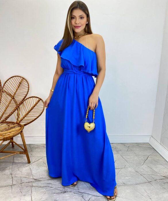 Vestido Longo Fernanda Nula Manga sem Bojo Azul com Amarração - Fernanda Ramos Store