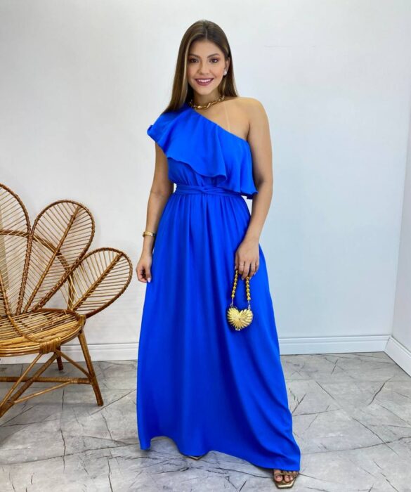 Vestido Longo Fernanda Nula Manga sem Bojo Azul com Amarração - Fernanda Ramos Store