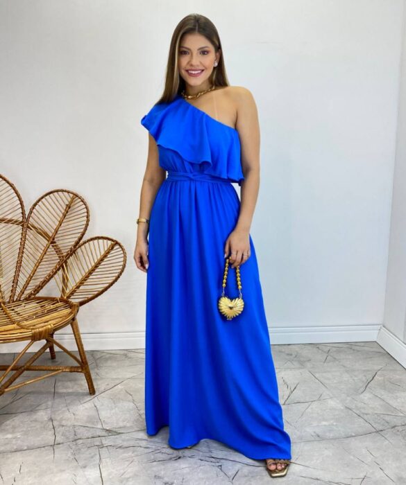 Vestido Longo Fernanda Nula Manga sem Bojo Azul com Amarração - Fernanda Ramos Store