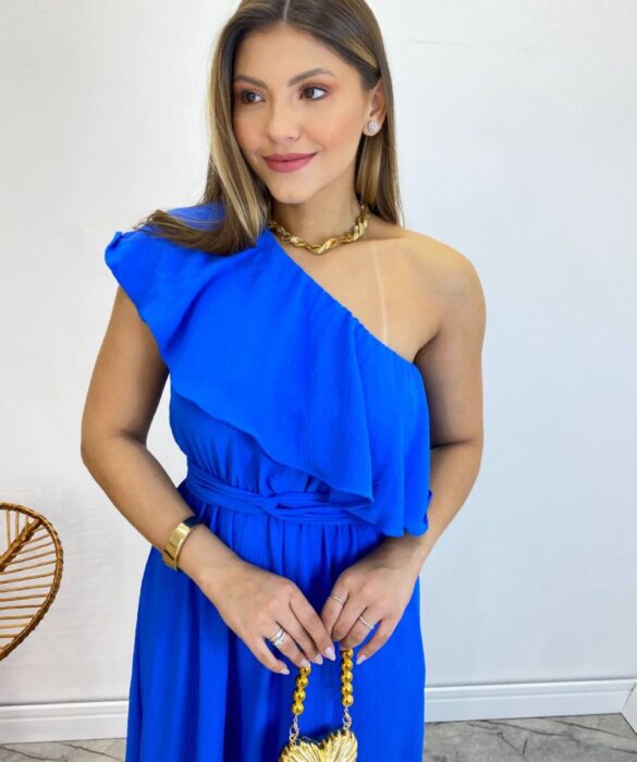 Vestido Longo Fernanda Nula Manga sem Bojo Azul com Amarração - Fernanda Ramos Store