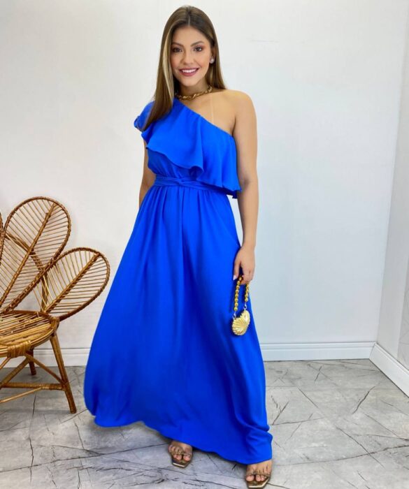 Vestido Longo Fernanda Nula Manga sem Bojo Azul com Amarração - Fernanda Ramos Store