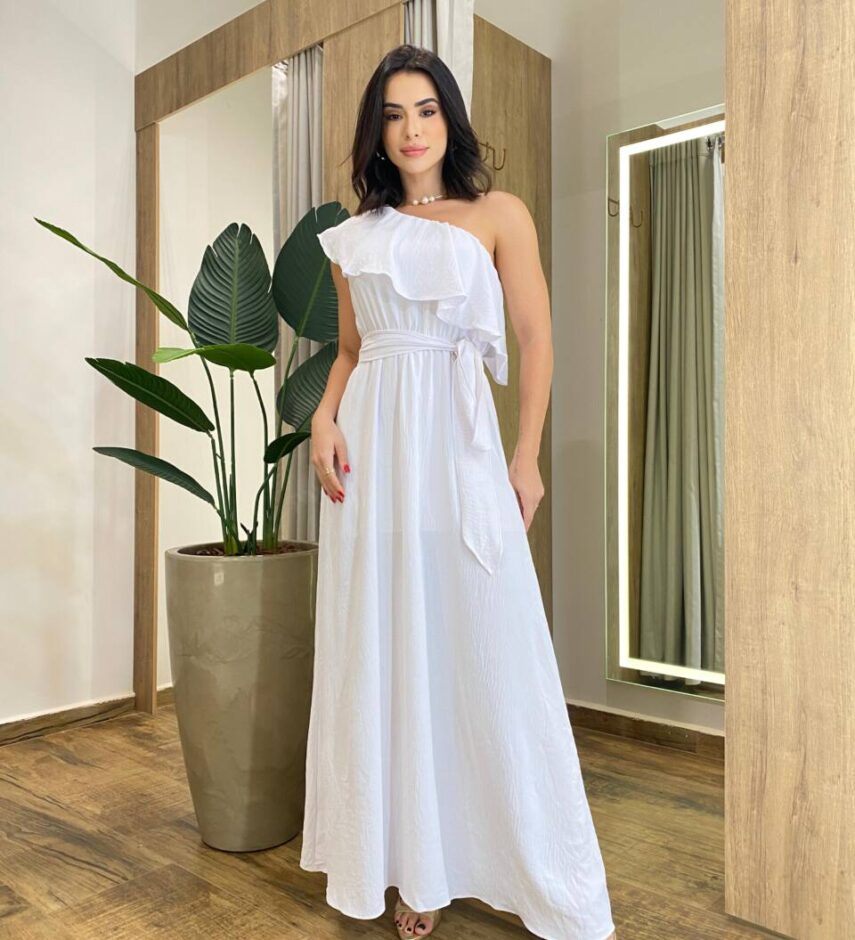 Vestido Longo Fernanda Nula Manga sem Bojo Branco com Amarração - Fernanda Ramos Store