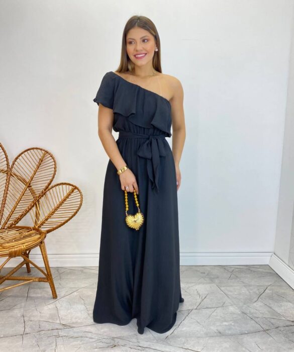 Vestido Longo Fernanda Nula Manga sem Bojo Preto com Amarração - Fernanda Ramos Store