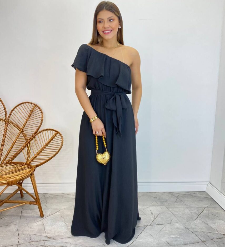 Vestido Longo Fernanda Nula Manga sem Bojo Preto com Amarração - Fernanda Ramos Store
