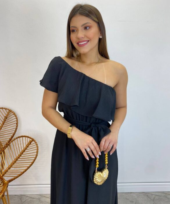 Vestido Longo Fernanda Nula Manga sem Bojo Preto com Amarração - Fernanda Ramos Store