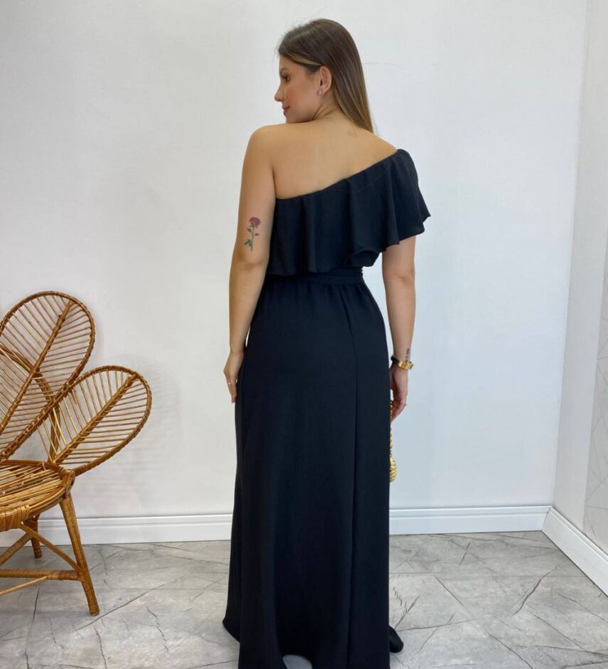 Vestido Longo Fernanda Nula Manga sem Bojo Preto com Amarração - Fernanda Ramos Store