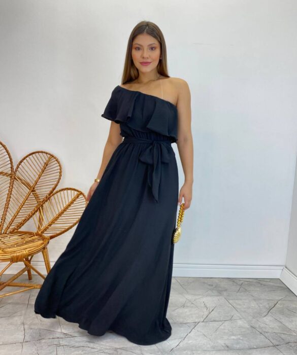 Vestido Longo Fernanda Nula Manga sem Bojo Preto com Amarração - Fernanda Ramos Store