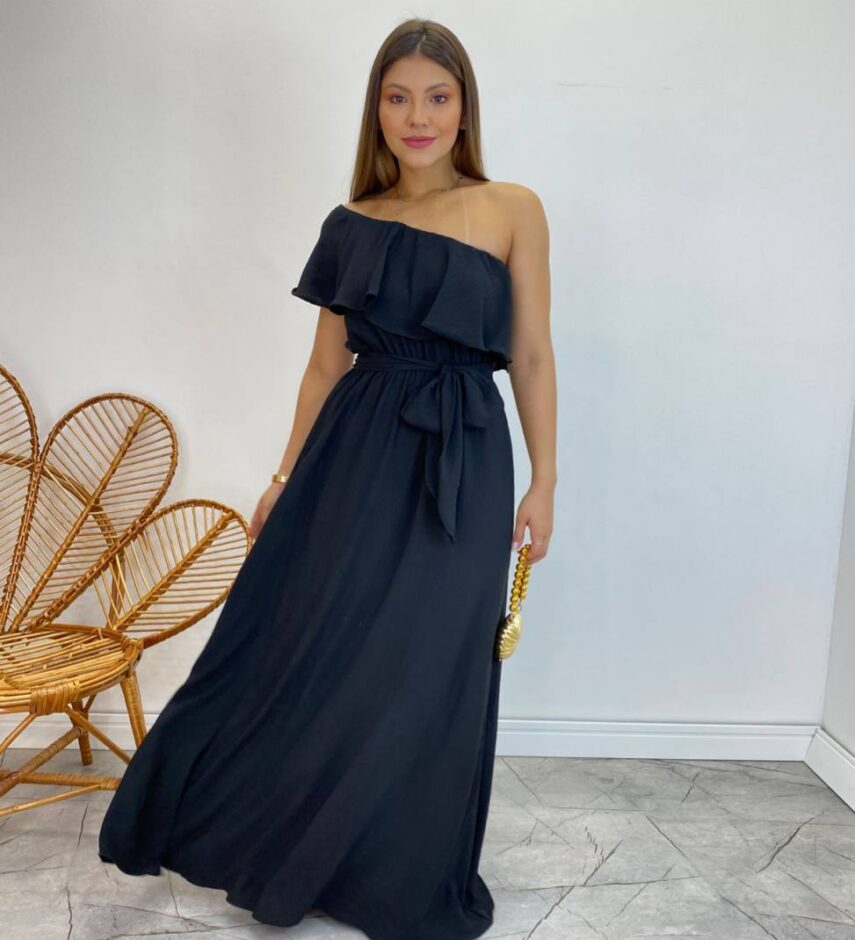 Vestido Longo Fernanda Nula Manga sem Bojo Preto com Amarração - Fernanda Ramos Store