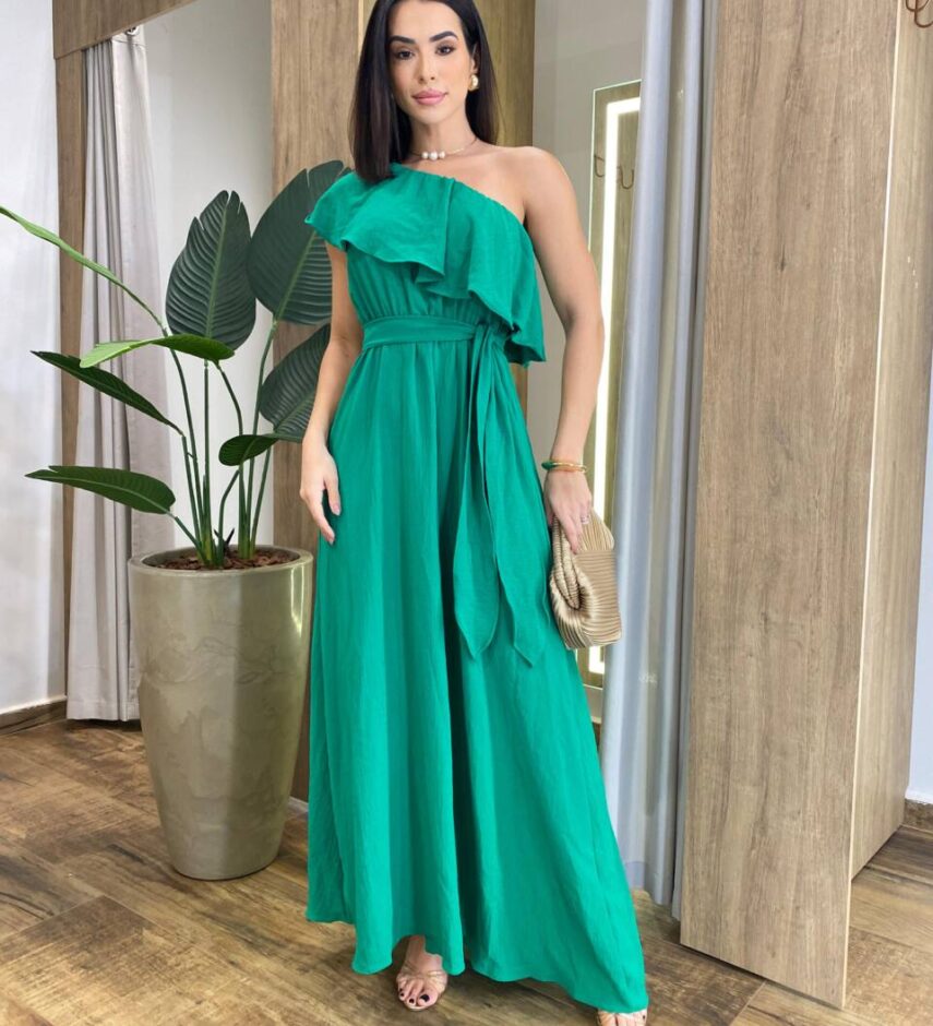 Vestido Longo Fernanda Nula Manga sem Bojo Verde com Amarração - Fernanda Ramos Store