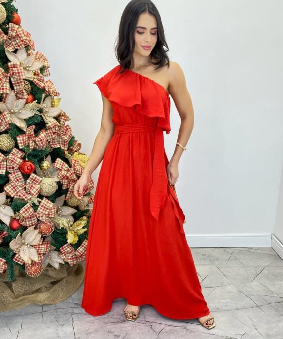 Vestido Longo Fernanda Nula Manga sem Bojo Vermelho com Amarração - Fernanda Ramos Store