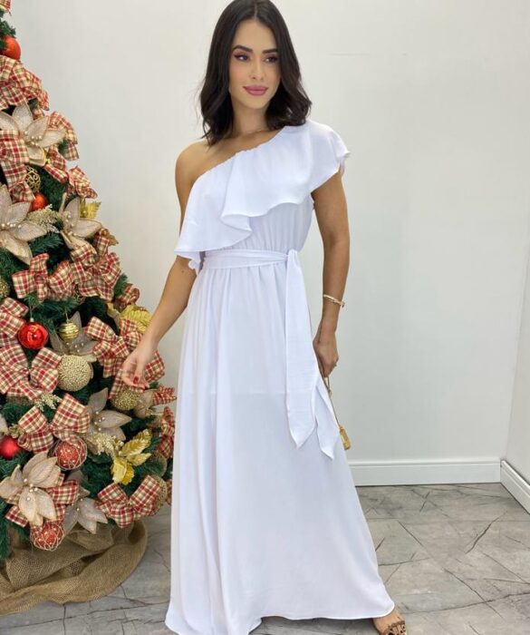 Vestido Longo Fernanda Nula Manga sem Bojo Branco com Amarração - Fernanda Ramos Store