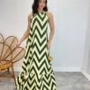 Vestido Longo Frente Única com Bojo e Amarração no Pescoço Estampado Verde - Fernanda Ramos Store