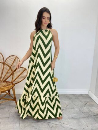 Vestido Longo Frente Única com Bojo e Amarração no Pescoço Estampado Verde - Fernanda Ramos Store