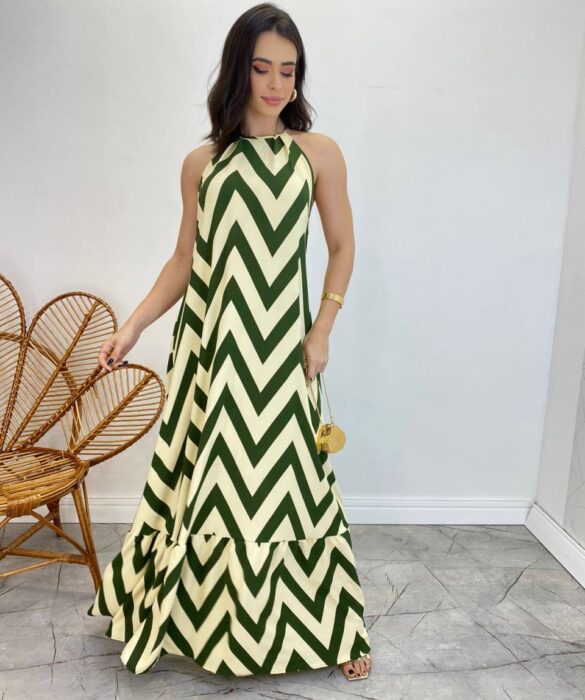 Vestido Longo Frente Única com Bojo e Amarração no Pescoço Estampado Verde - Fernanda Ramos Store